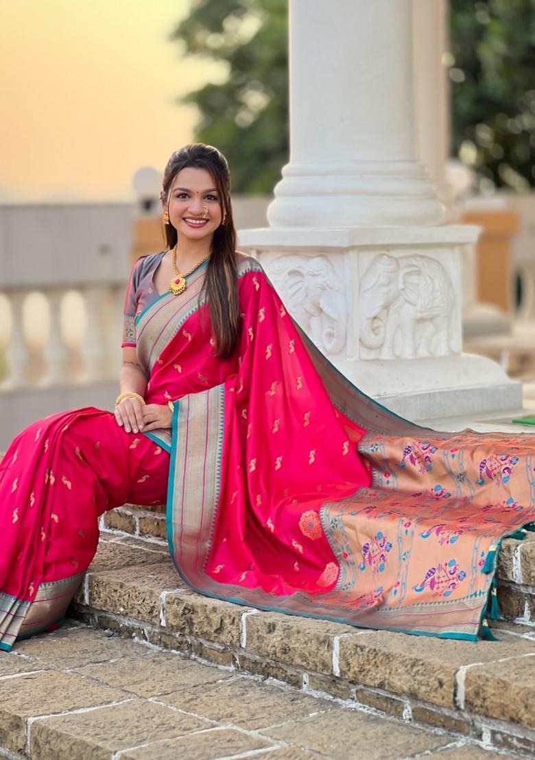 Pink Woven Silk Saree Set