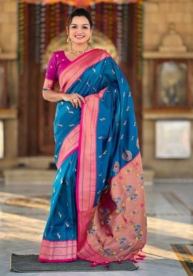 Blue Woven Silk Saree Set