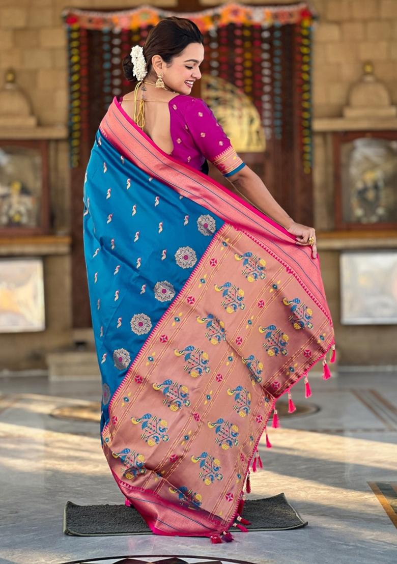 Blue Woven Silk Saree Set