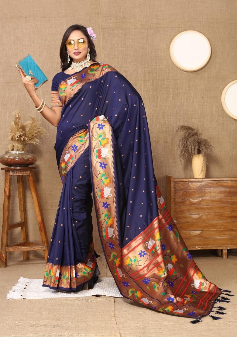 Navy Blue Woven Silk Saree Set