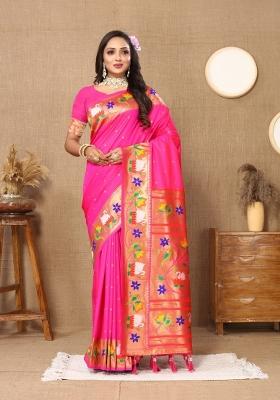 Pink Woven Silk Saree Set