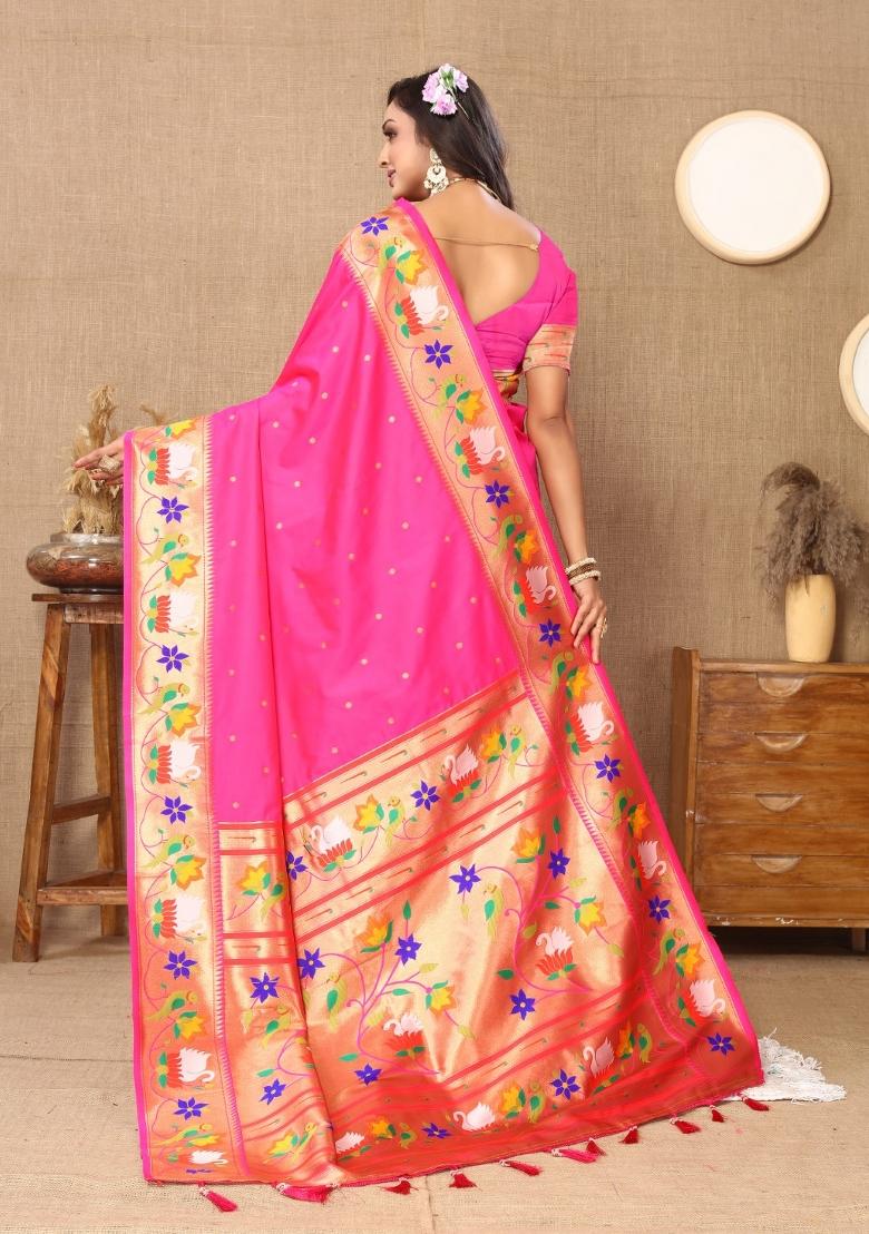 Pink Woven Silk Saree Set