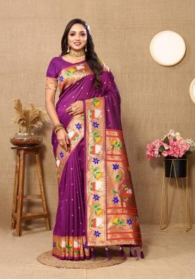 Purple Woven Silk Saree Set