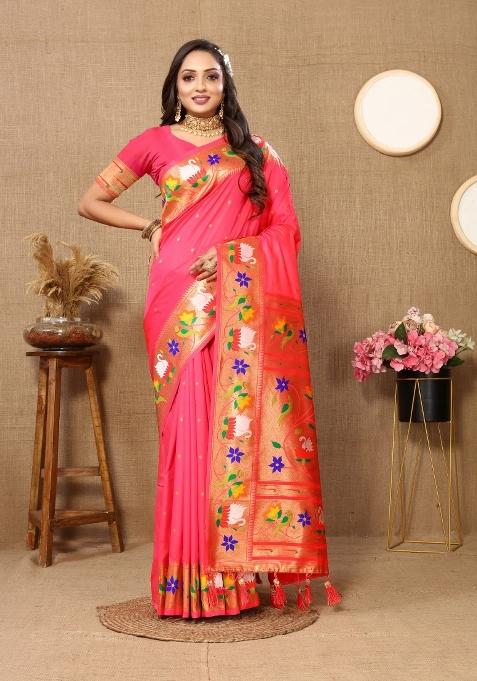 Peach Woven Silk Saree Set
