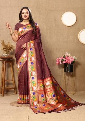 Brown Woven Silk Saree Set