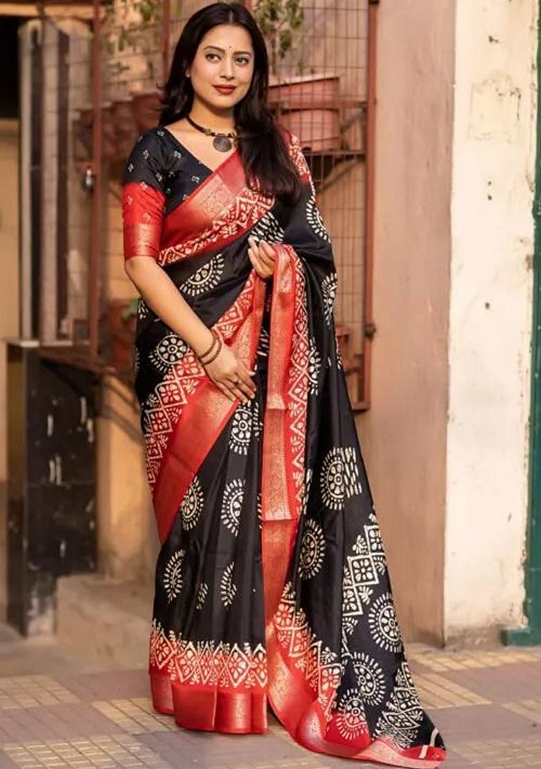 Black Machine Embroidered Cotton Silk Saree Set
