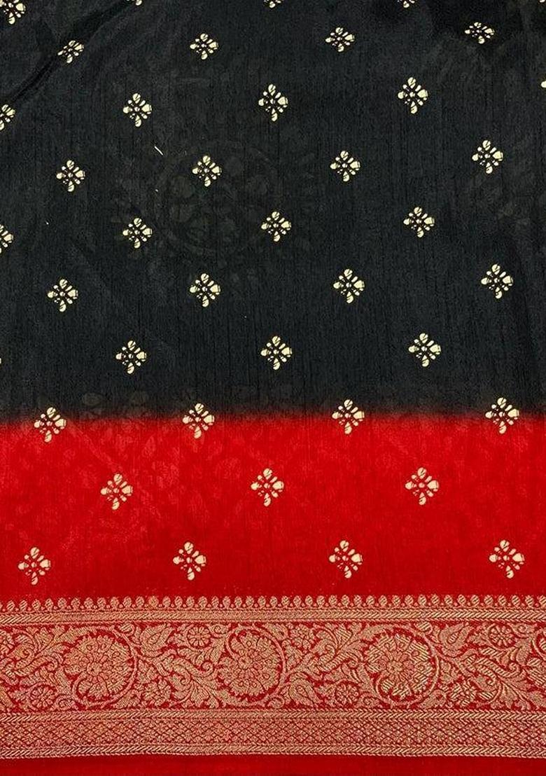 Black Machine Embroidered Cotton Silk Saree Set