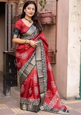 Peach Machine Embroidered Cotton Silk Saree Set