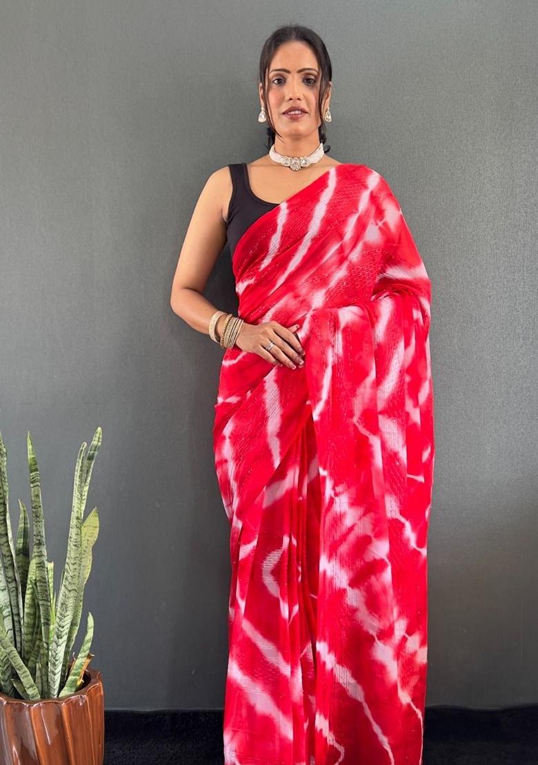 Red Machine Embroidered Georgette Saree Set