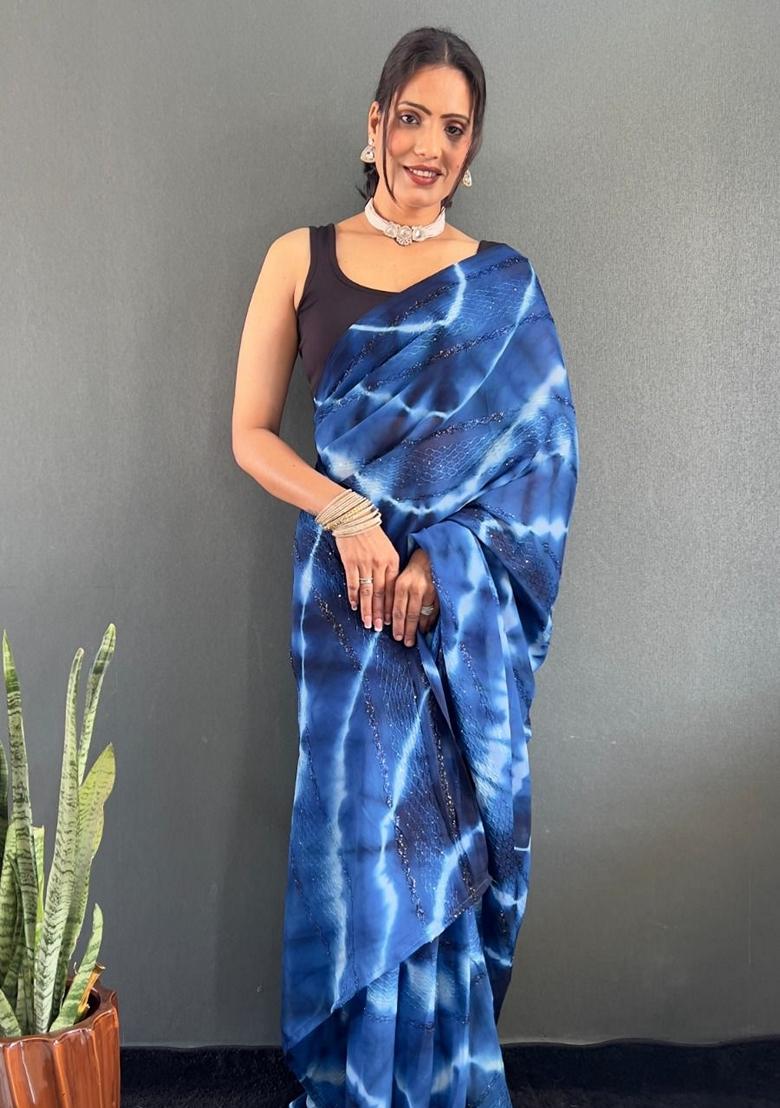 Blue Machine Embroidered Georgette Saree Set