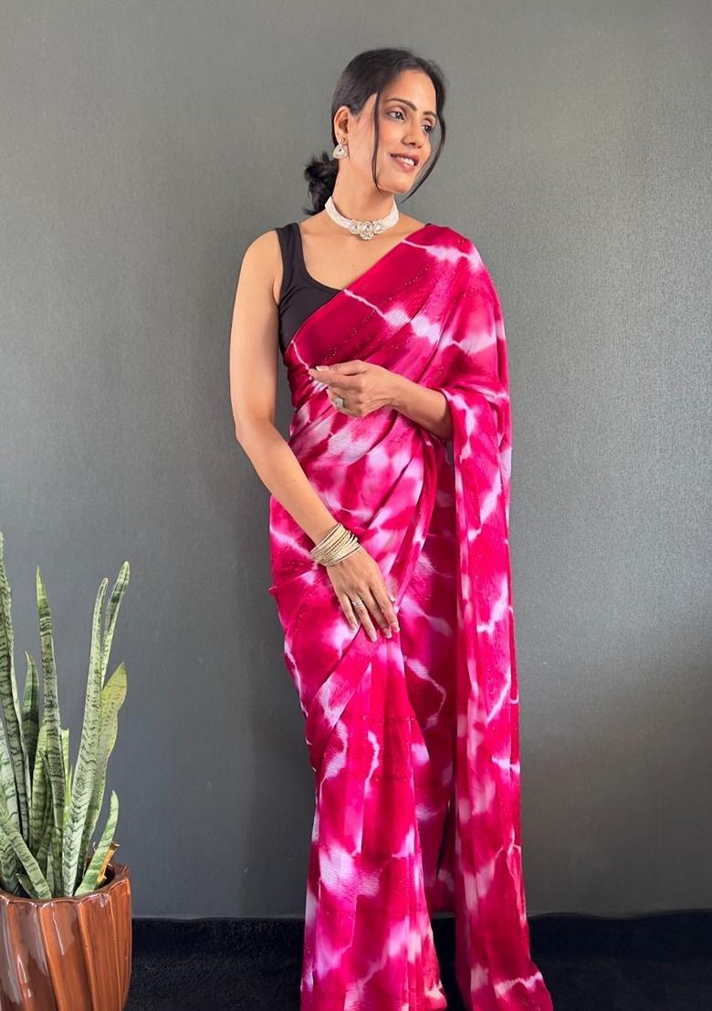 Pink Machine Embroidered Georgette Saree Set