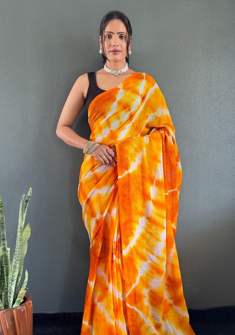 Yellow Machine Embroidered Georgette Saree Set