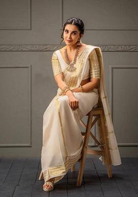 Cream Machine Embroidered Lichi Silk Saree Set