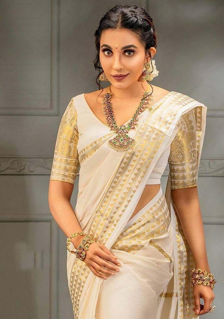 Cream Machine Embroidered Lichi Silk Saree Set