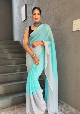 Sky Blue Machine Embroidered Georgette Saree Set