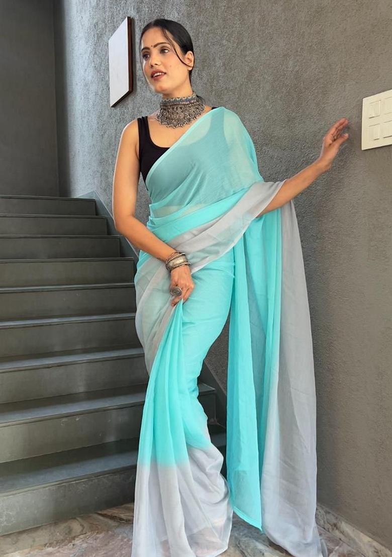 Sky Blue Machine Embroidered Georgette Saree Set