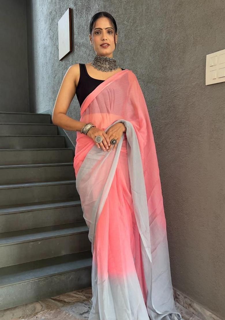 Pink Machine Embroidered Georgette Saree Set