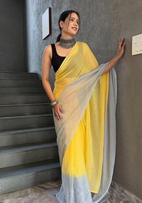 Yellow Machine Embroidered Georgette Saree Set