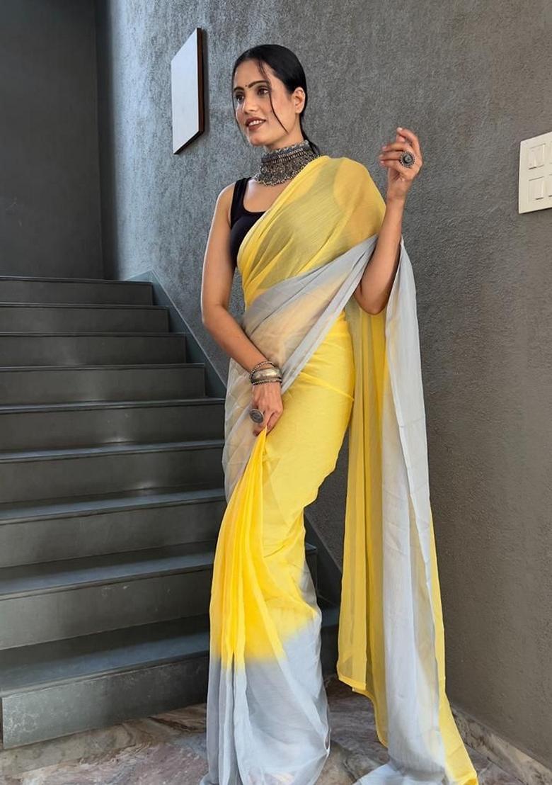 Yellow Machine Embroidered Georgette Saree Set