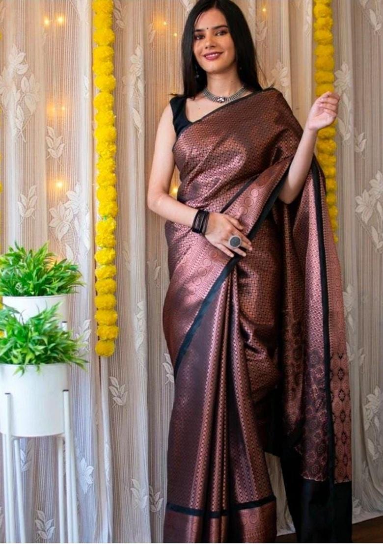 Brown Machine Embroidered Lichi Silk Saree Set