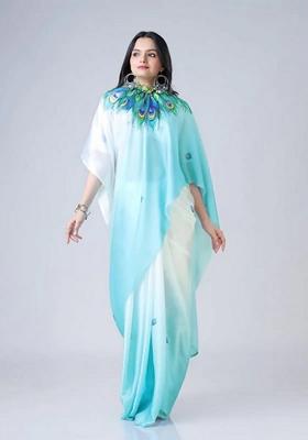 Light Blue Machine Embroidered Crepe Saree Set