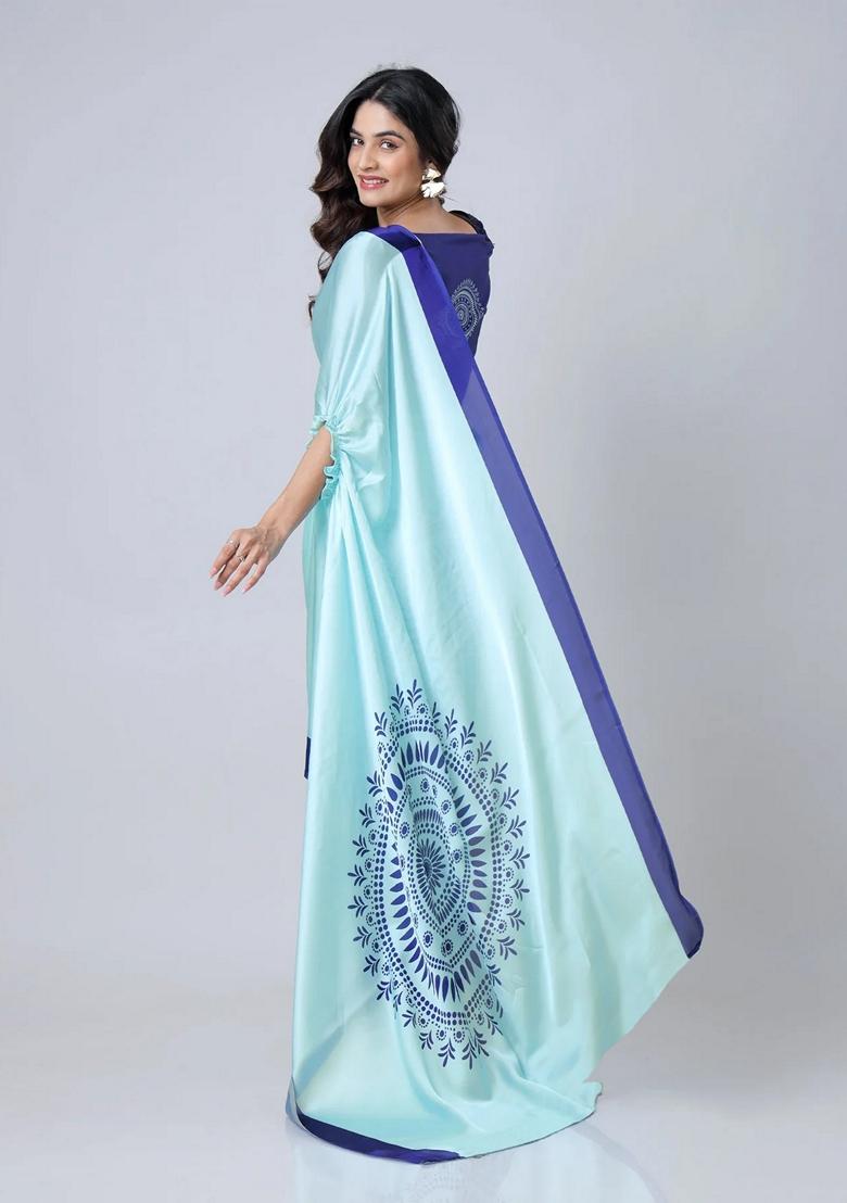 Light Blue Machine Embroidered Crepe Saree Set