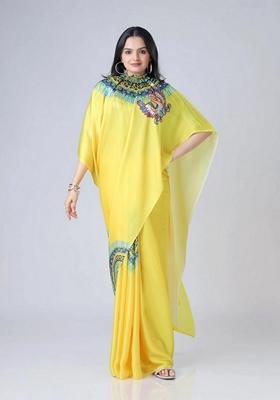 Yellow Machine Embroidered Crepe Saree Set