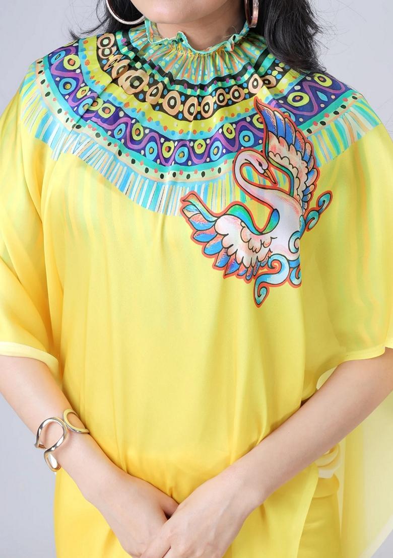 Yellow Machine Embroidered Crepe Saree Set