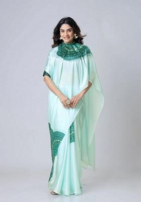 Mint Green Machine Embroidered Crepe Saree Set
