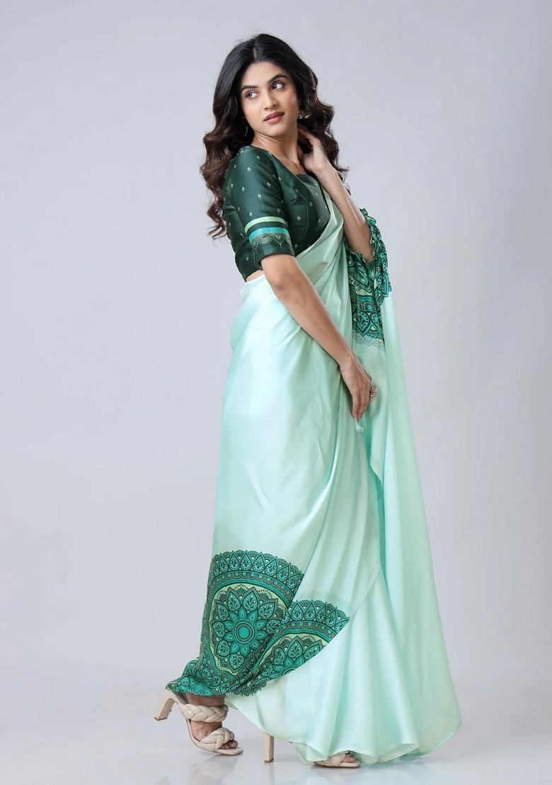Mint Green Machine Embroidered Crepe Saree Set