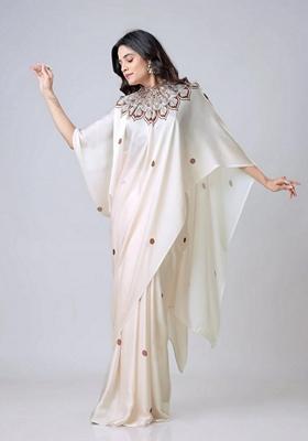 Off White Machine Embroidered Crepe Saree Set
