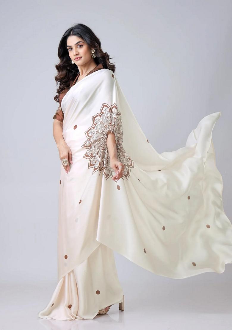 Off White Machine Embroidered Crepe Saree Set