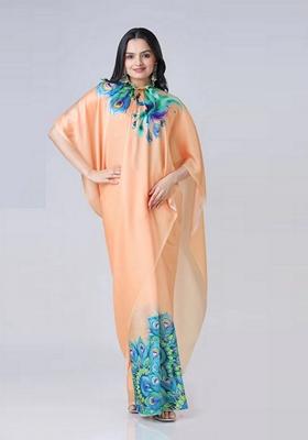 Orange Machine Embroidered Crepe Saree Set