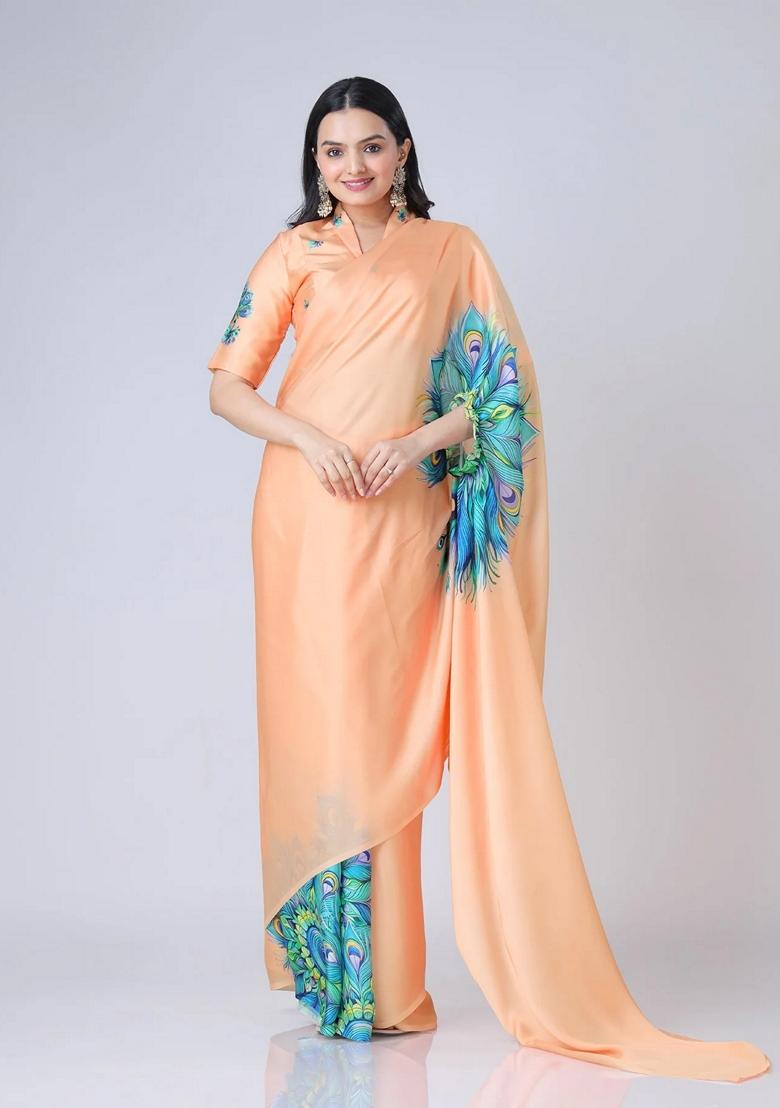 Orange Machine Embroidered Crepe Saree Set