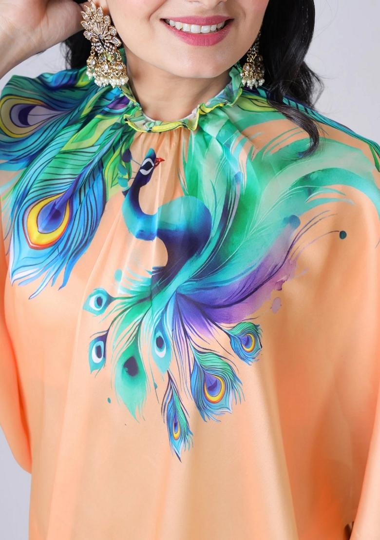 Orange Machine Embroidered Crepe Saree Set