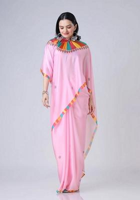 Baby Pink Machine Embroidered Crepe Saree Set