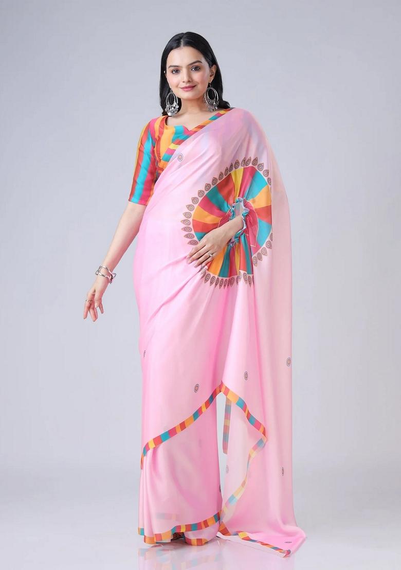 Baby Pink Machine Embroidered Crepe Saree Set