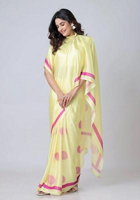 Yellow Machine Embroidered Crepe Saree Set
