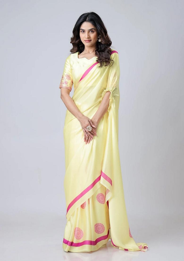 Yellow Machine Embroidered Crepe Saree Set
