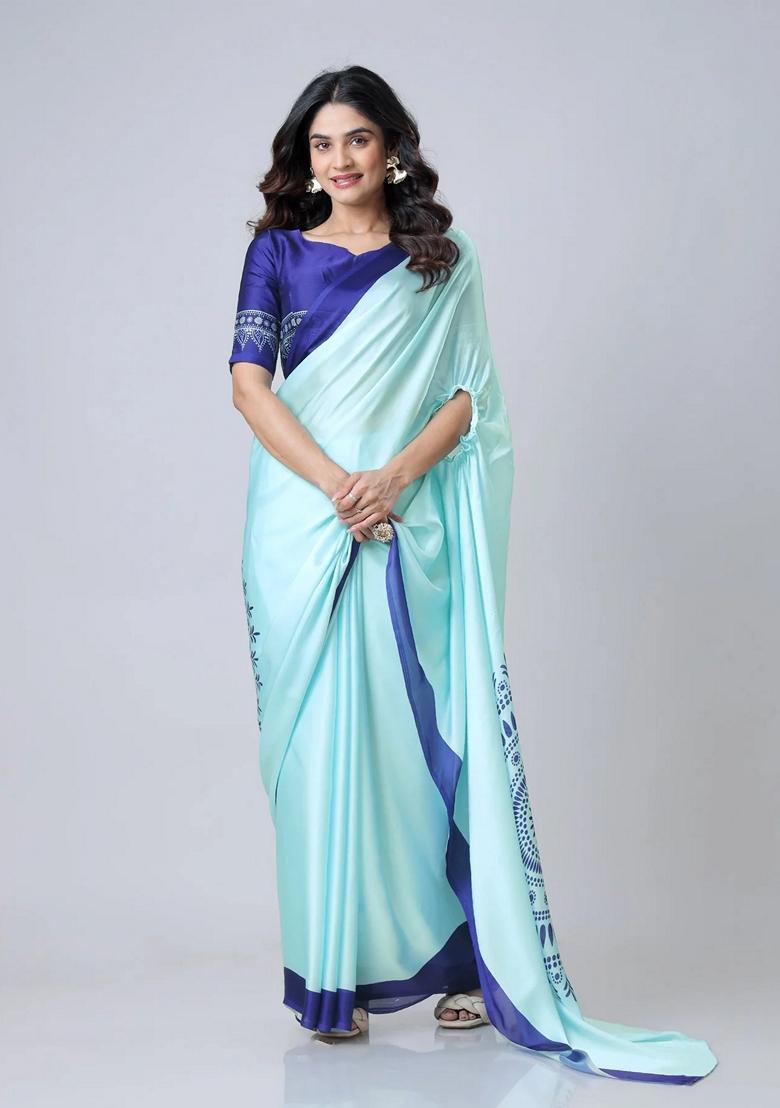 Light Blue Machine Embroidered Crepe Saree Set