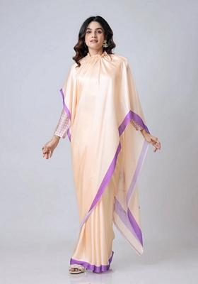 Peach Machine Embroidered Crepe Saree Set