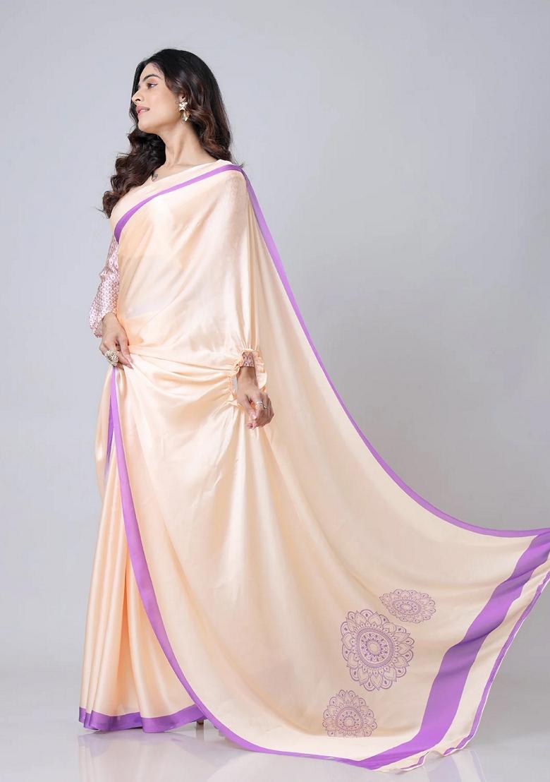 Peach Machine Embroidered Crepe Saree Set