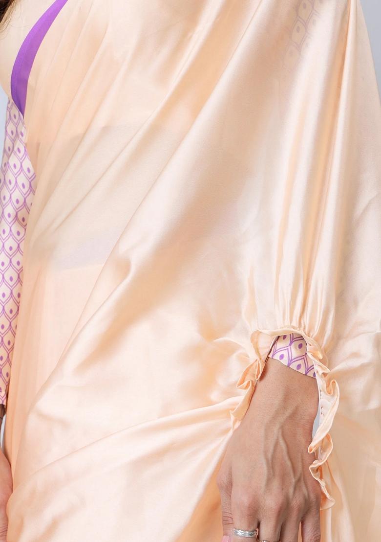 Peach Machine Embroidered Crepe Saree Set