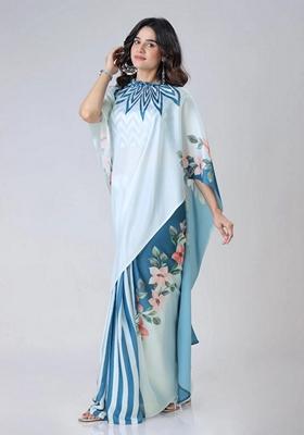 Blue Machine Embroidered Crepe Saree Set