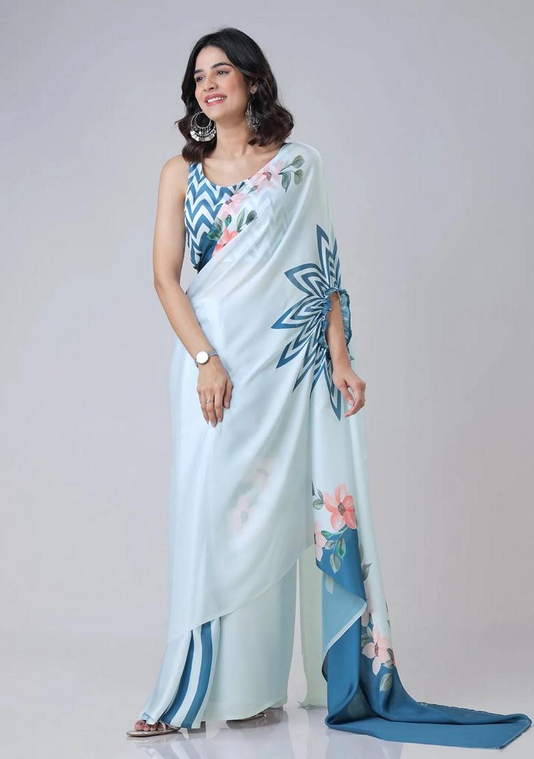 Blue Machine Embroidered Crepe Saree Set