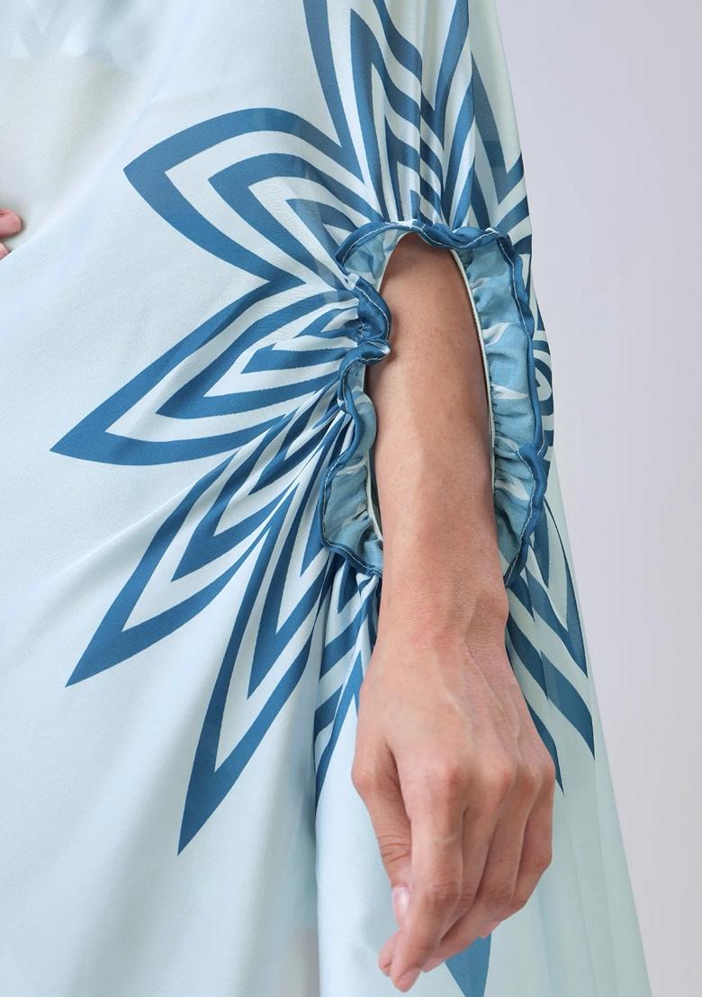 Blue Machine Embroidered Crepe Saree Set