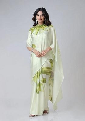 Mint Green Machine Embroidered Crepe Saree Set