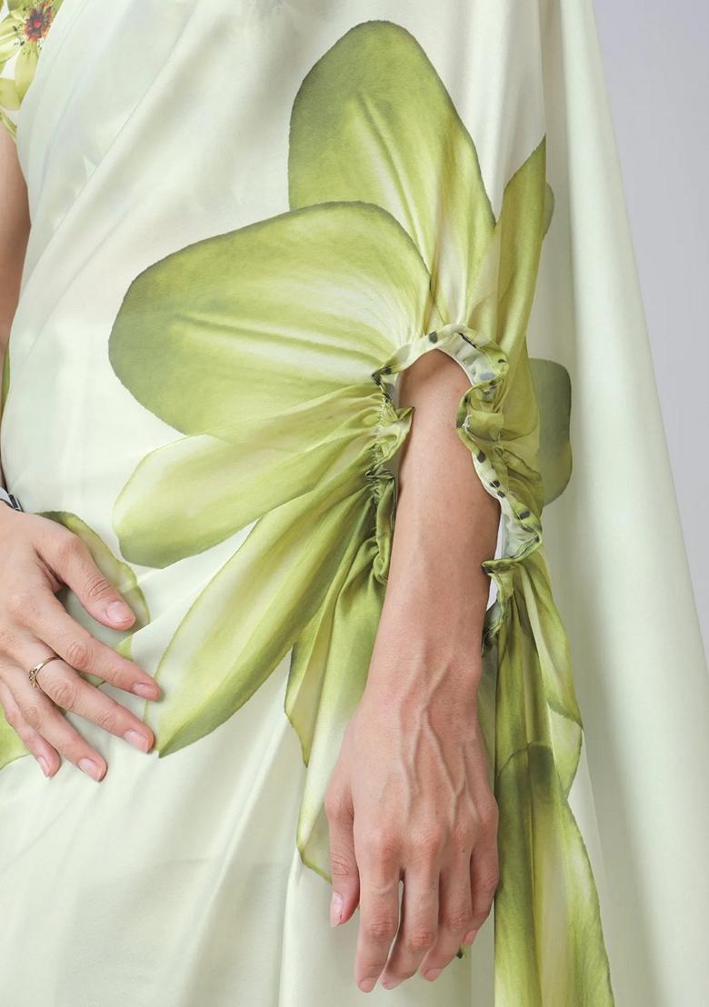 Mint Green Machine Embroidered Crepe Saree Set