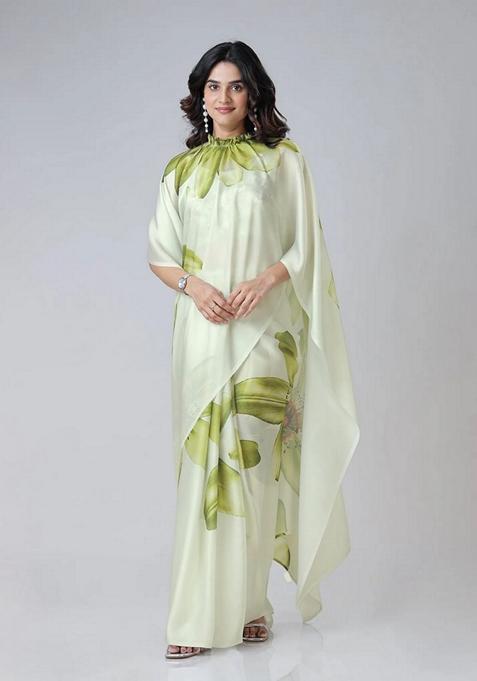 Mint Green Machine Embroidered Crepe Saree Set