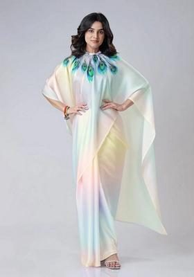 Multicolor Machine Embroidered Crepe Saree Set